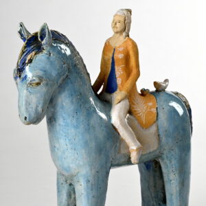 Das Mädchen mit blauem Pferd - Skulptur aus Keramik